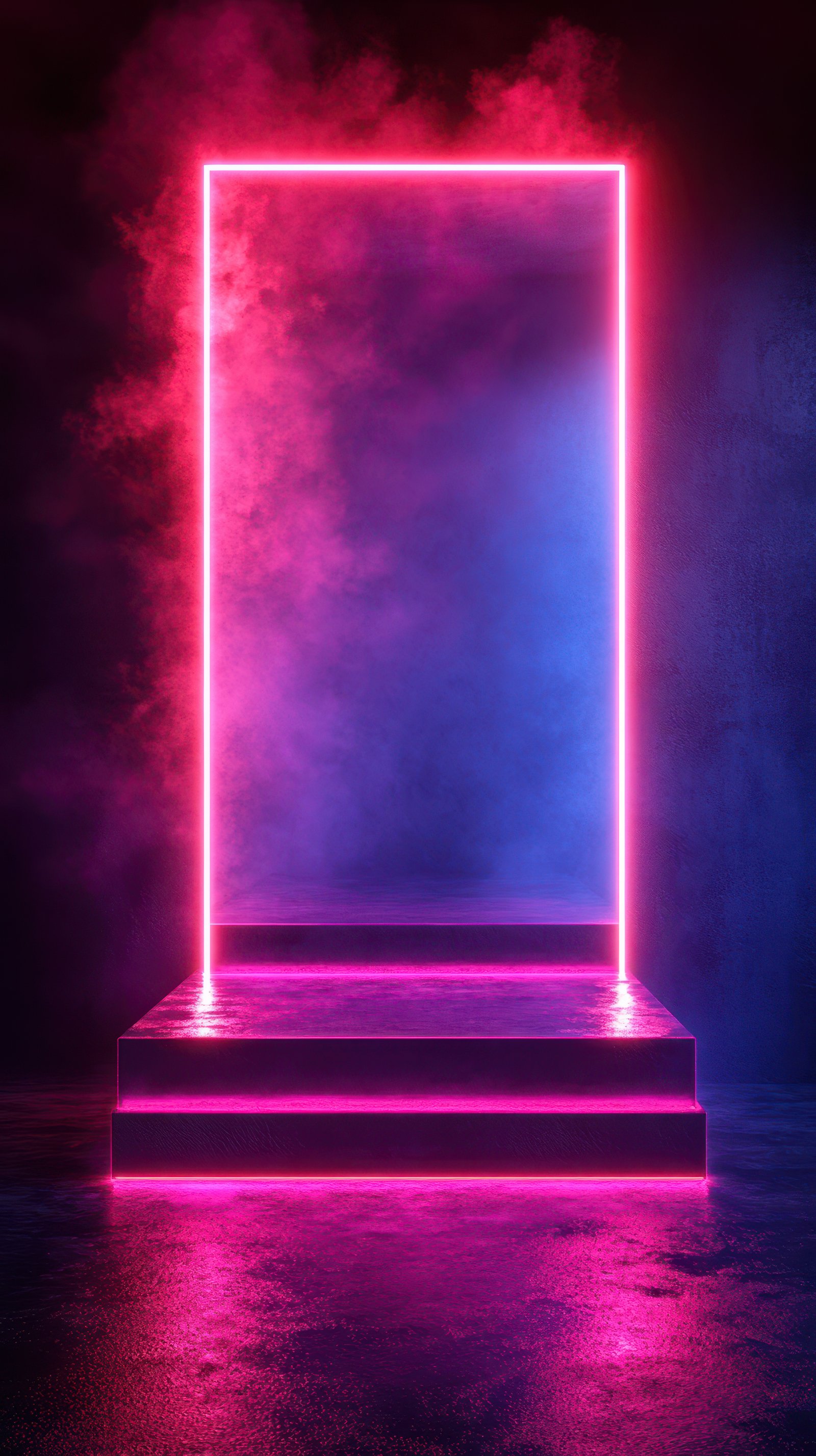 Neon-lit platform with vibrant colors and fog creating a surreal atmosphere at night